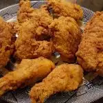 Blue and white vintage platter with Southern Fried Chicken