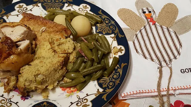 Southern Cornbread dressing or stuffing on a blue and white china plate