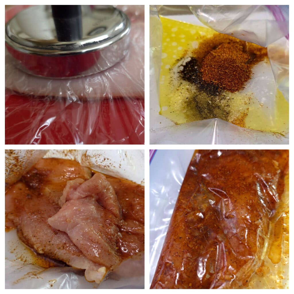 Collage of first 4 steps for preparing blackened chicken sandwiches