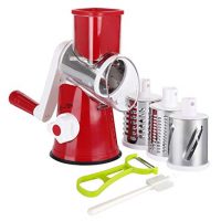 Ourokhome Manual Rotary Cheese Grater - Round Tumbling Box Shredder for Vegetable, Nuts, Potato with Peeler and Brush (Red)