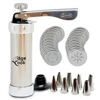 Edge Cook Spritz Cookie Press 20-Disc Gun Kit with 8 Icing Tips: Sturdy Stainless Steel - Works Even with Arthritis - Ideal for Holidays Baking - Biscuit, Cake, Churro, Cookie Maker
