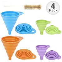 Collapsible Funnel Set of 4 with Bottle Brush, Flexible Silicone Foldable Kitchen Funnel for Liquid/Powder Transfer,100% Food Grade Silicone FDA Approved Silicone Funnel (Small+Large)