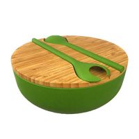 Bamboo Salad Serving Bowl Set with Lid and Utensils - Cute Wooden Bowl with Cutting Board Cover and Servers for Salads, Pasta, Fruit, Side Dishes - Eco-friendly, BPA-Free - Great For Parties, Picnics