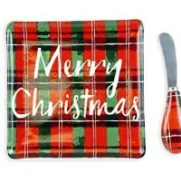 Tartan Plaid Merry Christmas Holiday Cheese Tray with Spreader