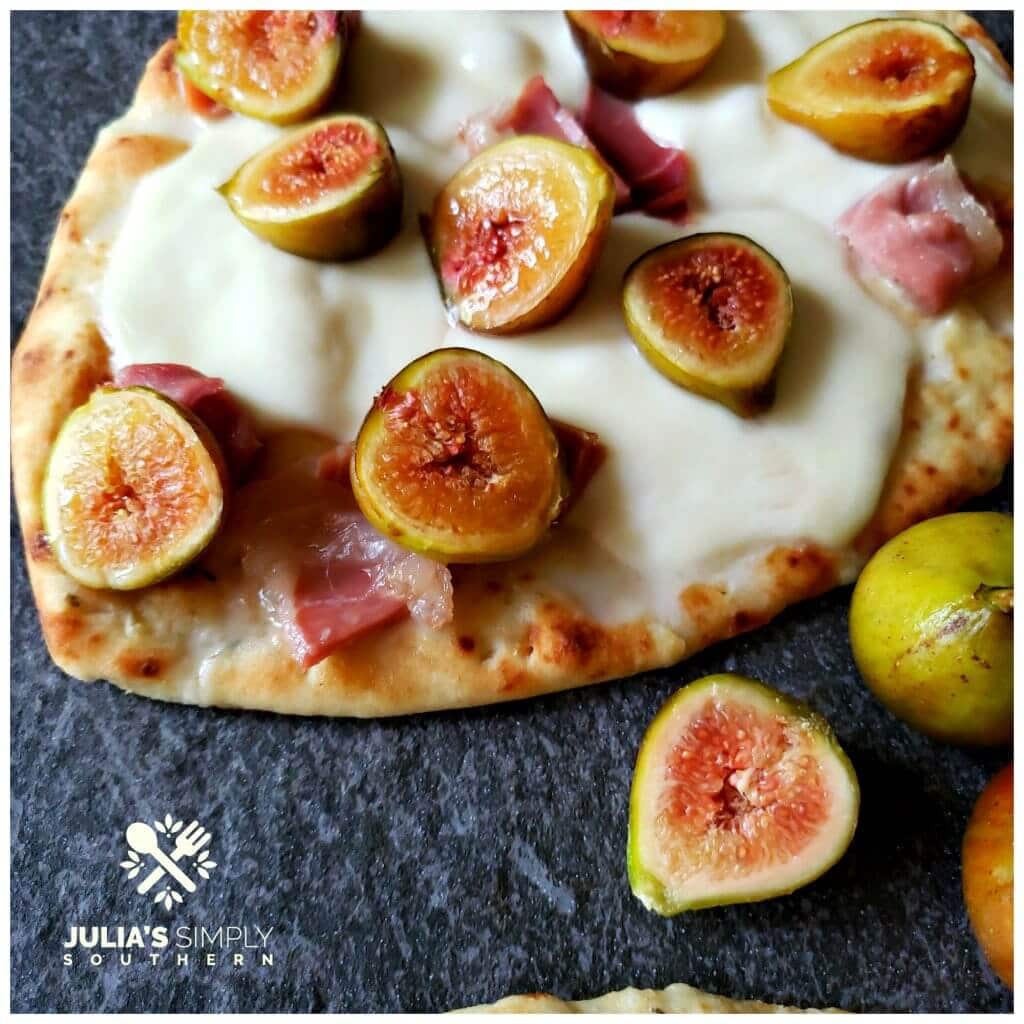 Naan flatbread pizza with fresh figs, prosciutto and mozzarella cheese. This easy recipe bakes in just a few minutes and can be made in the oven or on the grill.