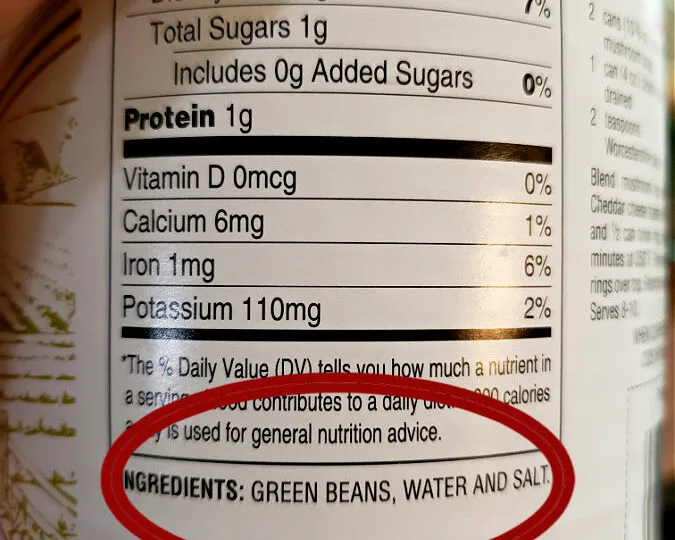 Ingredients on a can of Hanover Green Beans