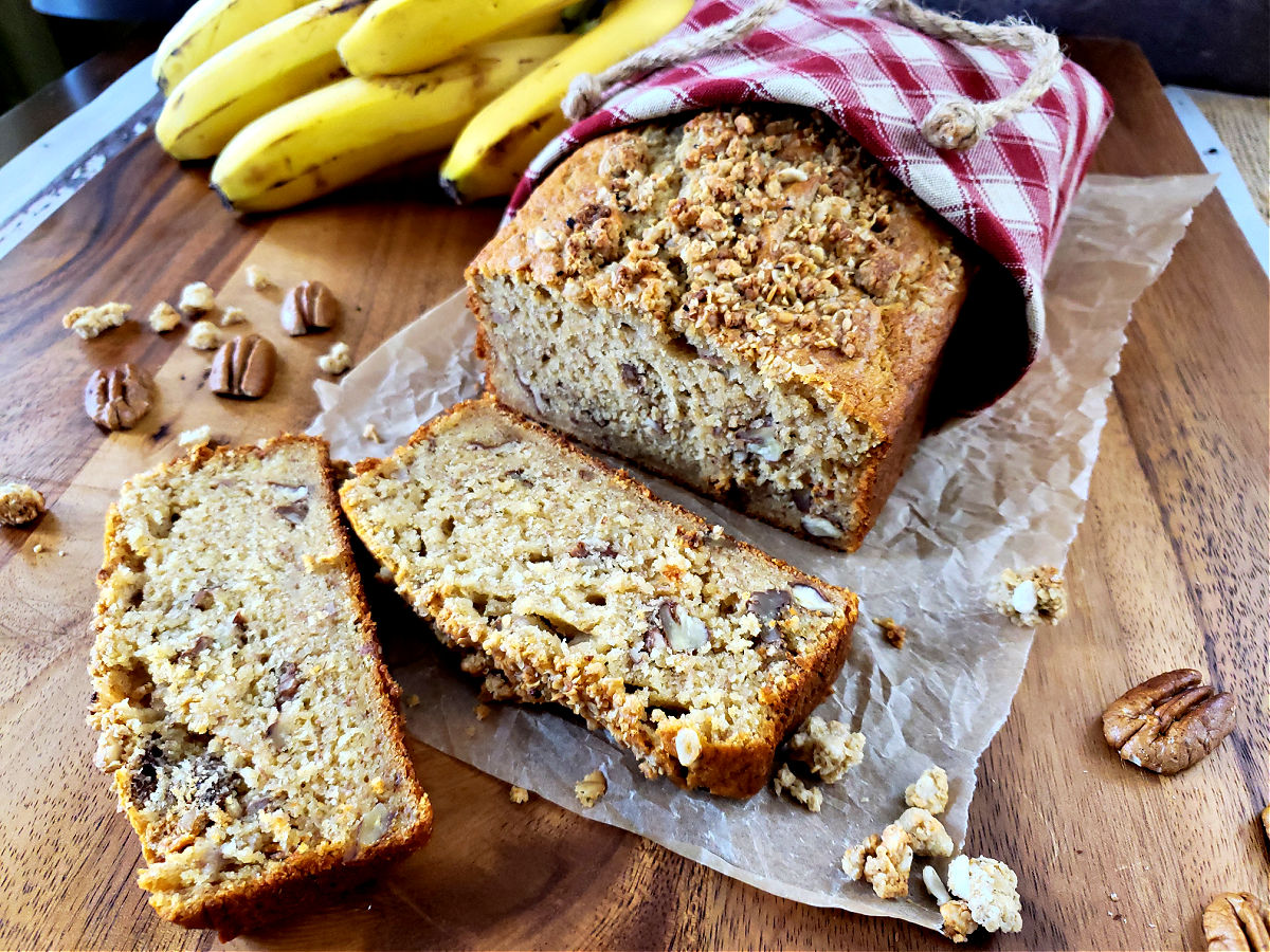 Banana Bread Recipe with self rising flour wrapped in a country towel
