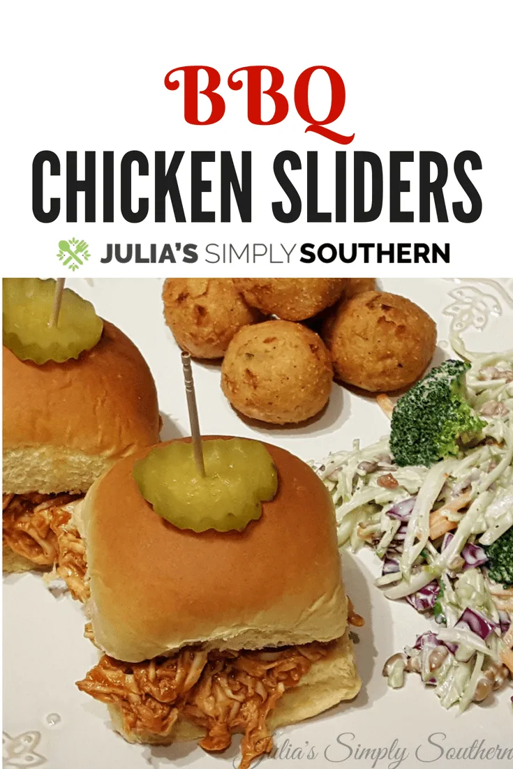 BBQ Chicken Sliders are delicious and easy to prepare. These mini barbecue sandwiches are great served as an appetizer or make it a meal with a couple of side dishes, such as slaw and hush puppies #BBQ #chicken #chickenrecipes #Sliders #sandwich #barbecue #easyrecipe #appetizer | Julia's Simply Southern