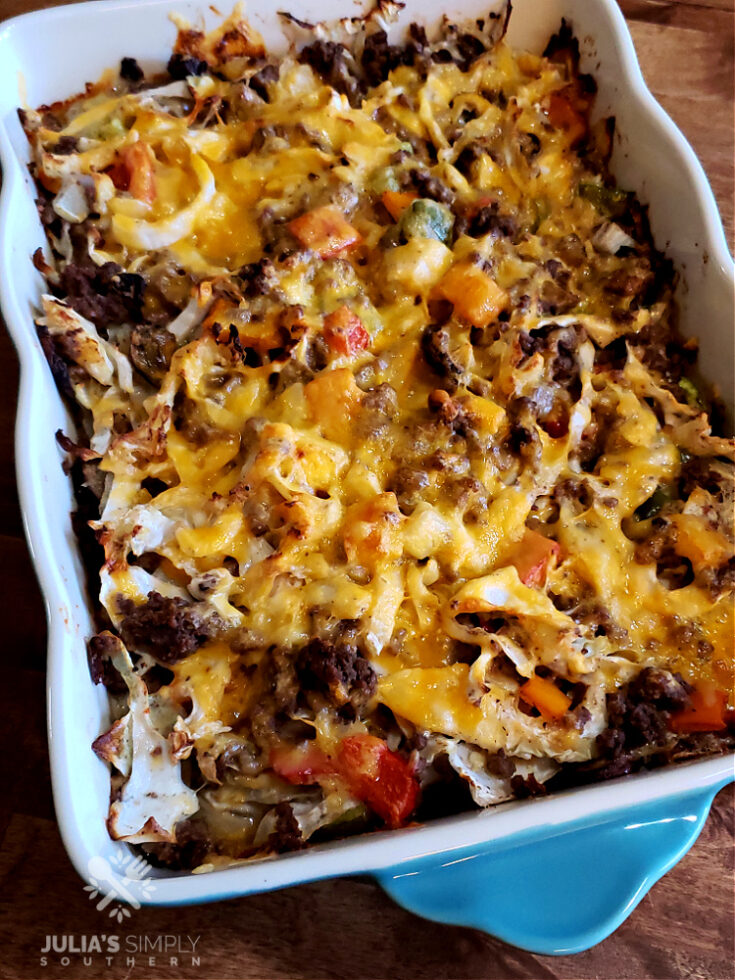 beef and cabbage casserole topped with cheese
