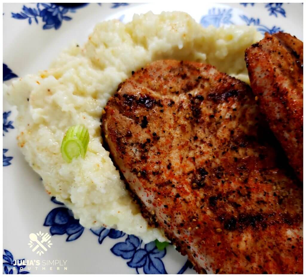 Blue and White China with spicy pork chops and low carb cauliflower mashed potatoes