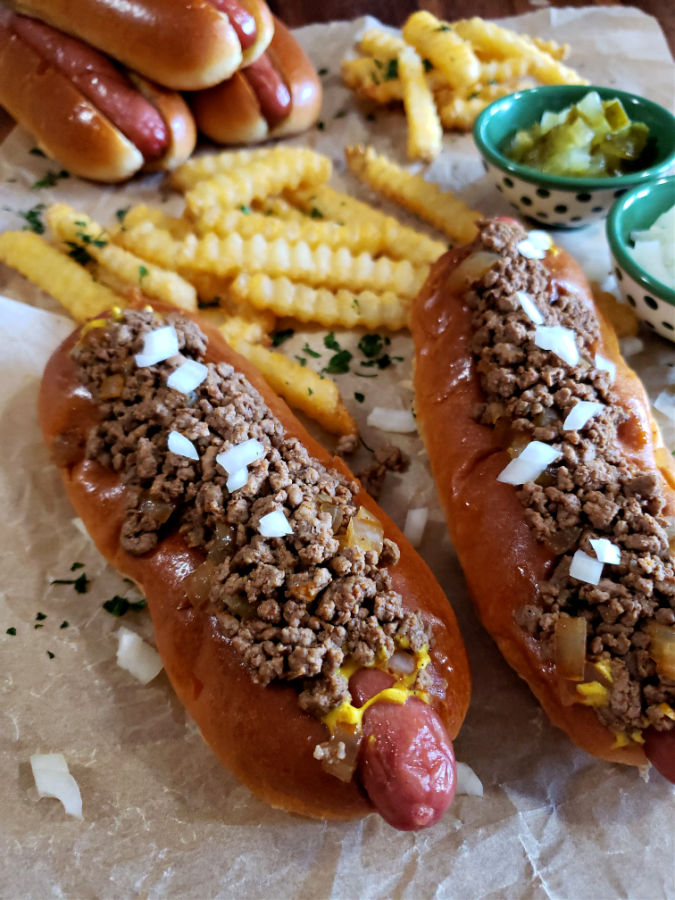 Crock Pot Chili Dogs with french fries. Slow cooker hot dog chili recipe.