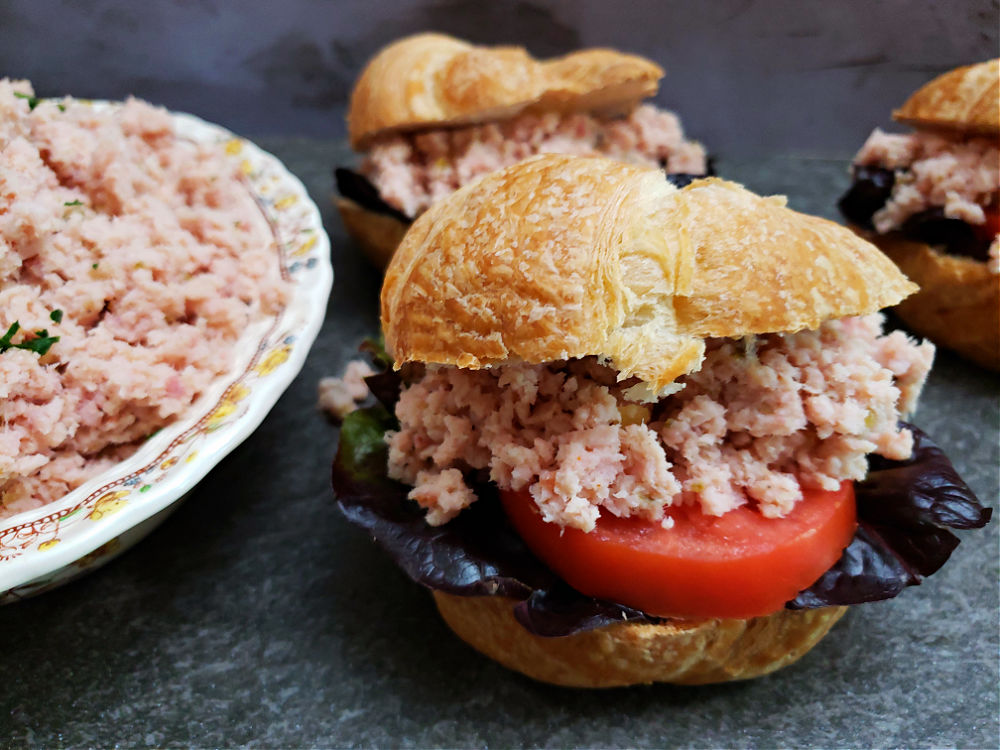 Leftover holiday ham transformed into a delicious deviled ham spread for sandwiches.