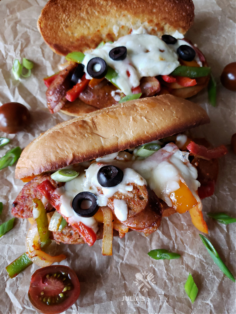 Amazing hot sub sandwich with Italian sausages, peppers, onions and cheese