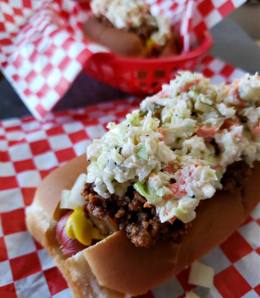 Labor Day Hot Dogs topped with tangy coleslaw