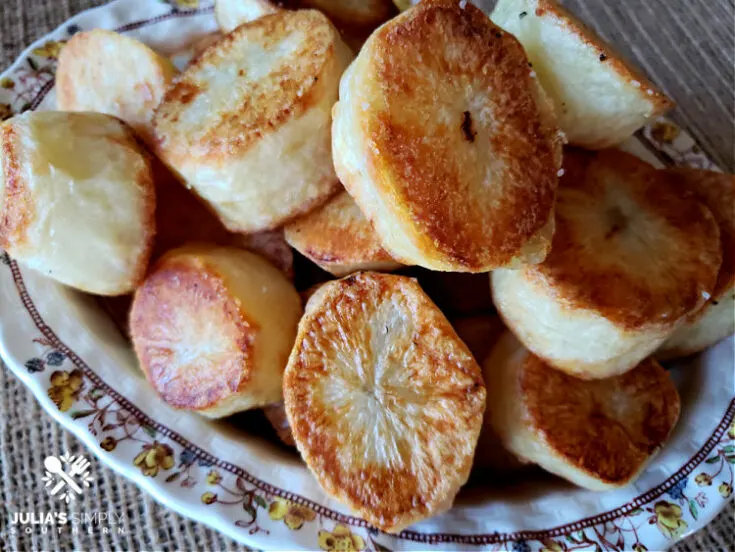 Best Roasted Potatoes Recipe made with duck fat in a vintage serving bowl