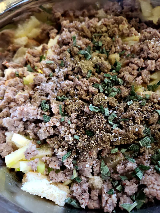 Mixing bowl with ingredients to make a stuffing recipe