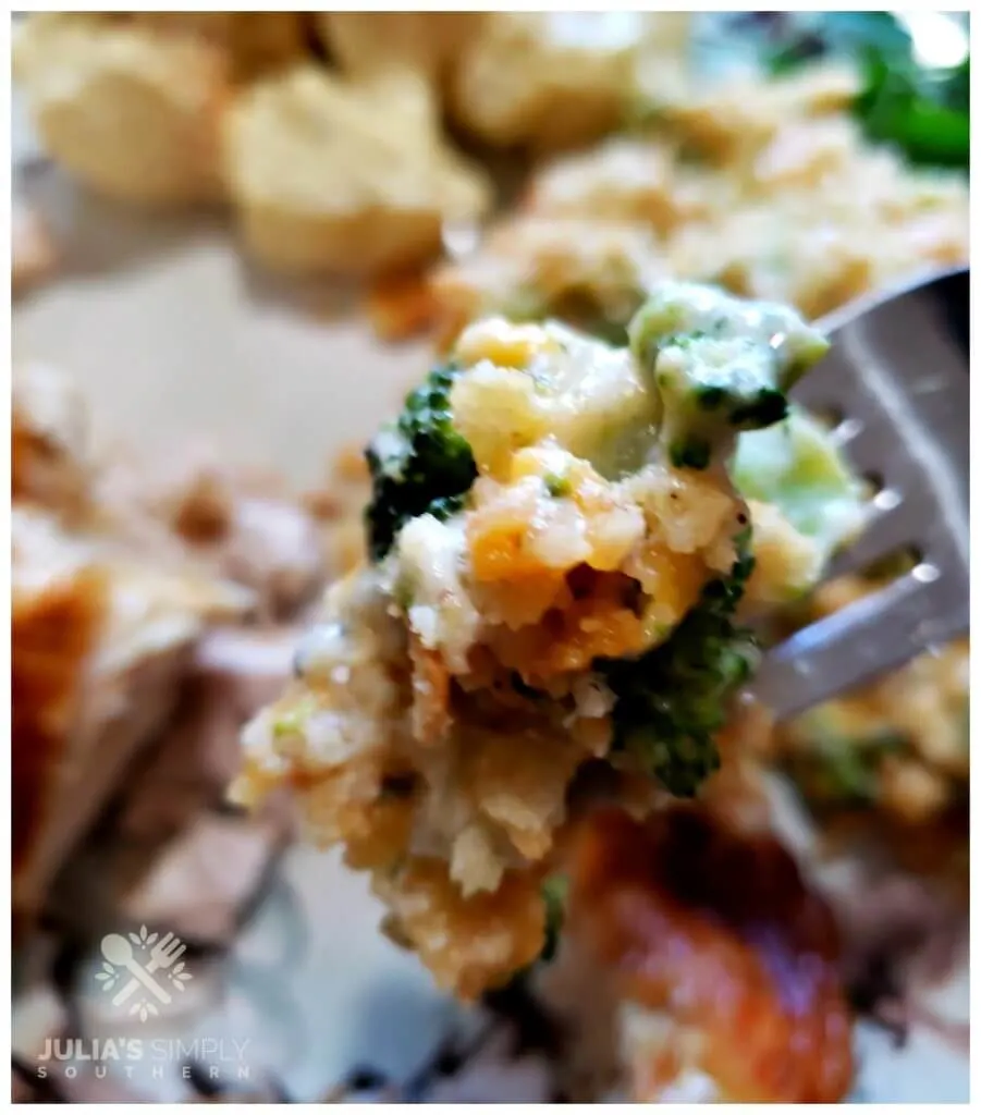 Broccoli casserole on a fork