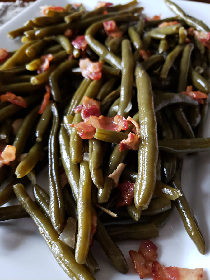 Southern style green beans with bacon on a holiday serving platter