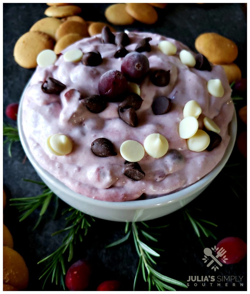 Cranberry chocolate chip dip garnished with frozen cranberry and chocolate morsels served with cookies