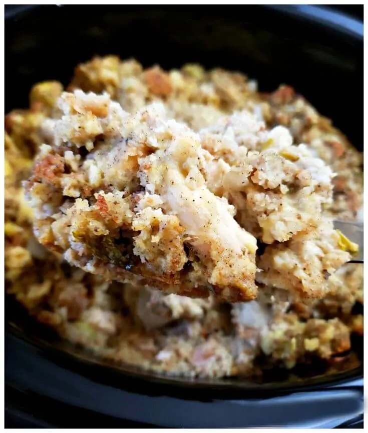 Easy and delicious recipe for Southern chicken and cornbread dressing in a Crock Pot.