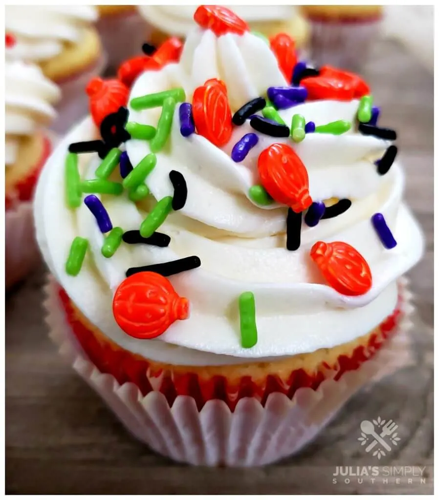 Halloween sprinkles on a homemade cupcake with recipe