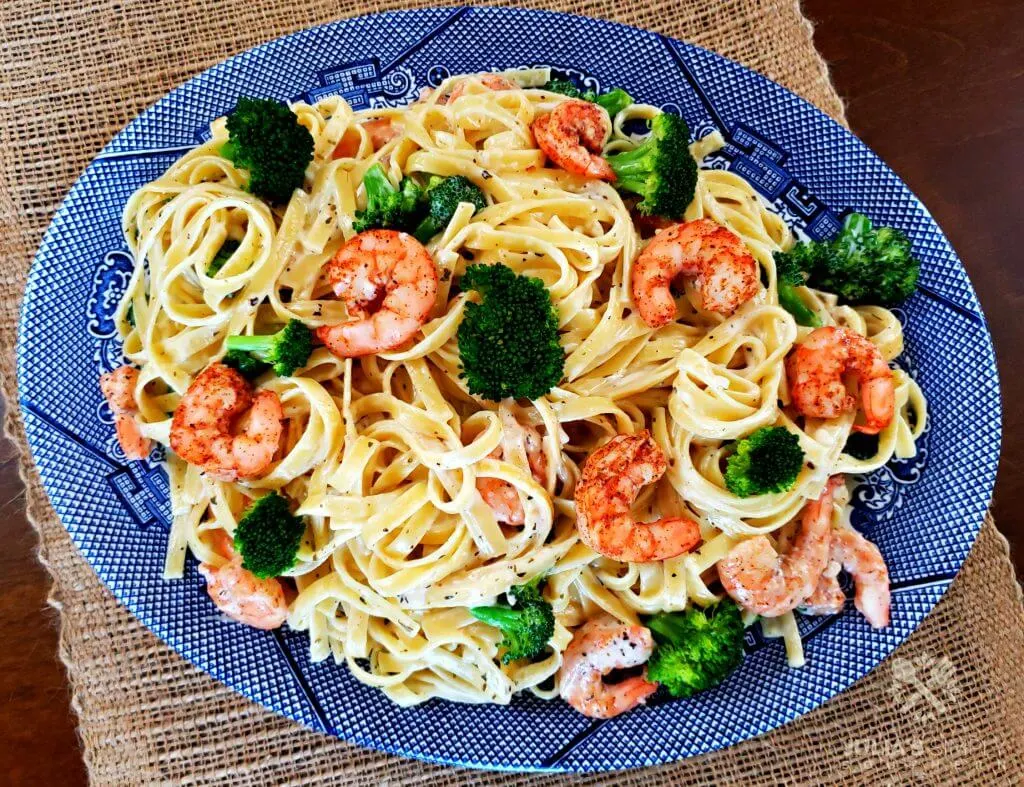 Blue and White Platter with Broccoli, Shrimp and Fettuccine Alfredo