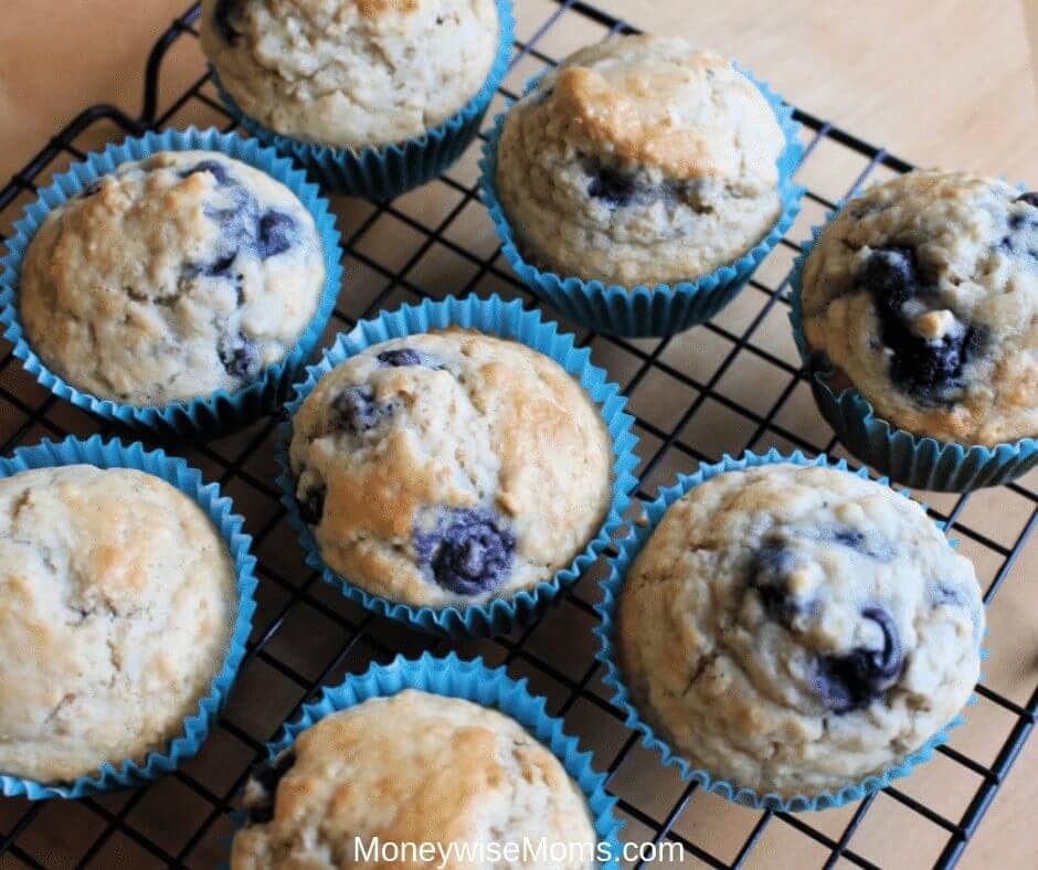 Blueberry Oatmeal Muffins on a wire rack