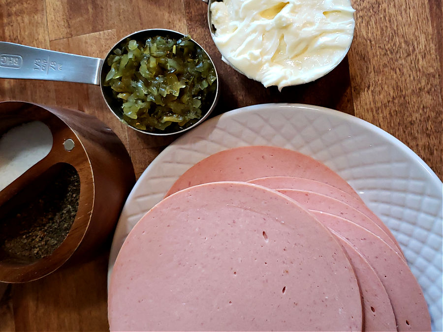 Old-fashioned homemade bologna salad ingredients