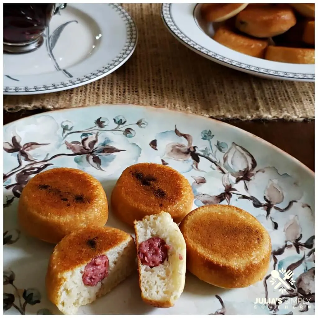 Beautiful plate with pancake piggies - breakfast pigs in a blanket recipe