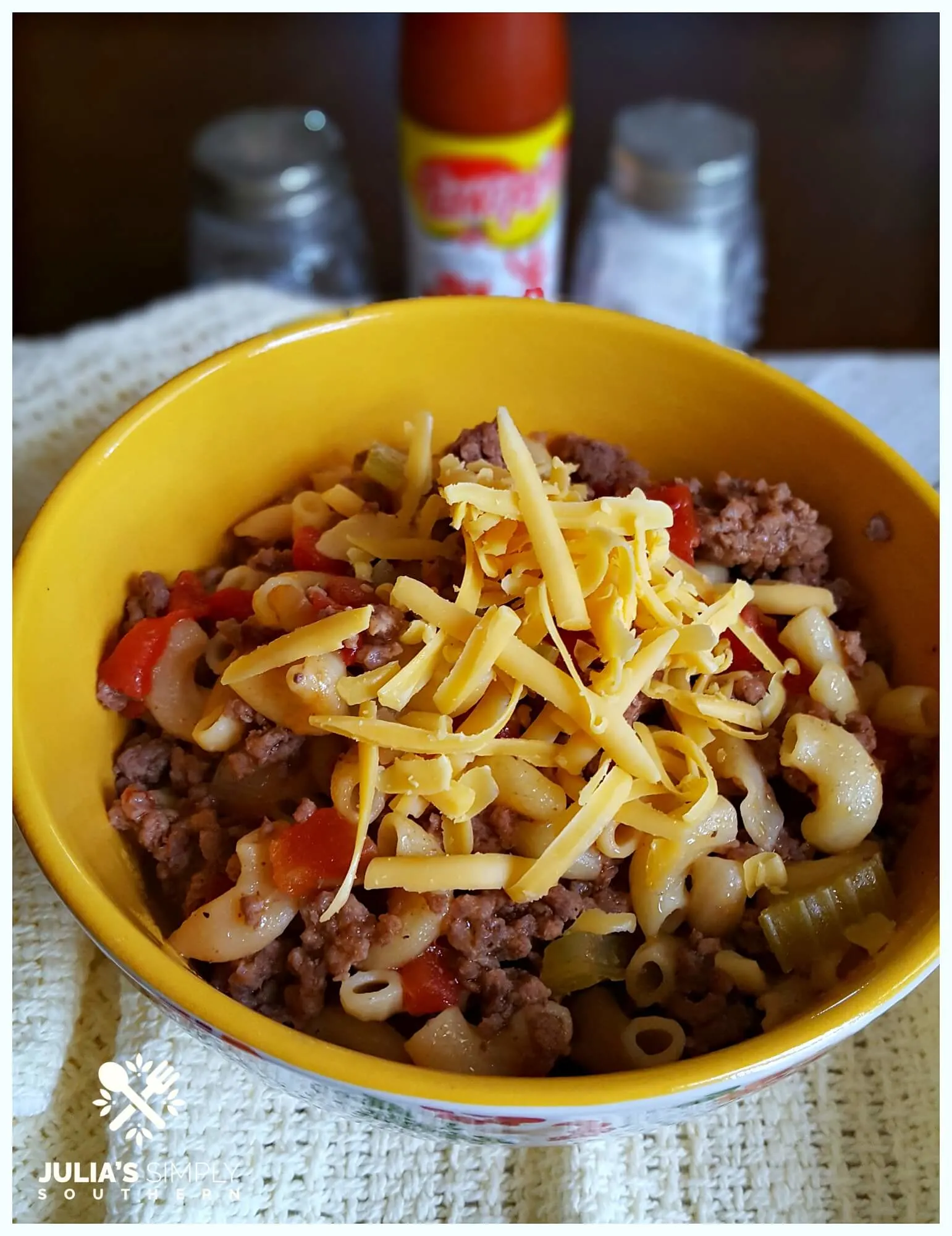 American Goulash served in a yellow bowl 