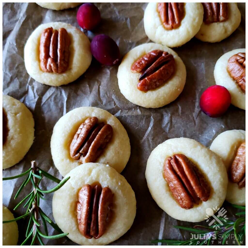 Amazing shortbread cookies recipe topped with pecan halves for Christmas gifting