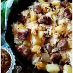 Bratwurst Potatoes and Sauerkraut Skillet Meal with a side of brown grain mustard