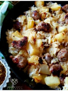 Bratwurst Potatoes and Sauerkraut Skillet Meal with a side of brown grain mustard