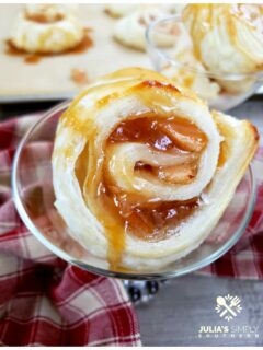 Easy and elegant apple pie puff pastry pinwheel dessert, served with vanilla ice cream and drizzled with caramel sauce. A delicious fall dessert recipe.