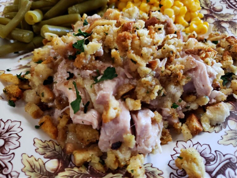 Canned Turkey Stuffing Casserole Thanksgiving Dinner Recipe on a plate with string beans and corn