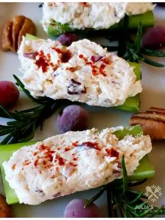 Stuffed celery recipe with chicken, cream cheese cranberry and pecan