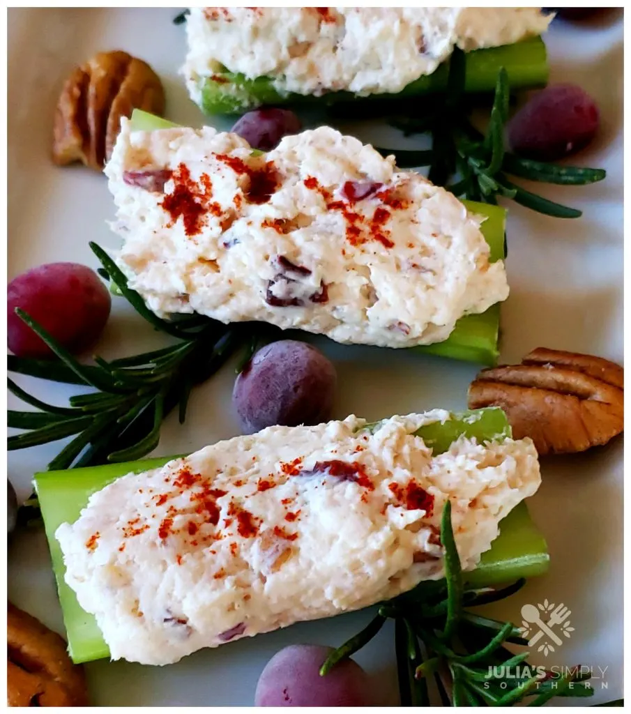 Stuffed celery recipe with chicken, cream cheese cranberry and pecan