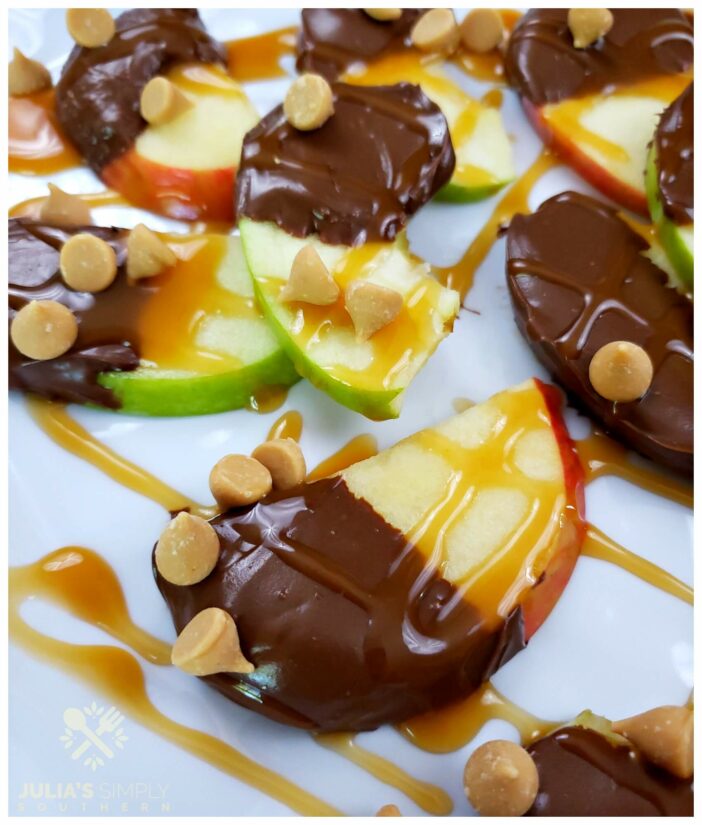 Amazing apple nachos recipe with chocolate, caramel and peanut butter morsels