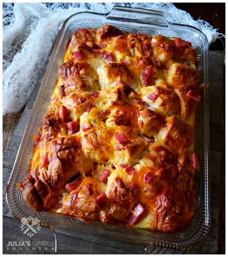 The BEST ever Country Ham Breakfast Casserole recipe, with Clifty Farm Country Ham Biscuit Slices