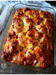 The BEST ever Country Ham Breakfast Casserole recipe, with Clifty Farm Country Ham Biscuit Slices