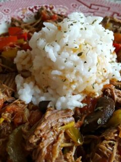 Crock Pot Fiesta Beef on a red and white china plate with rice