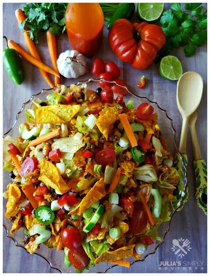 Amazing Dorito taco salad with Catalina dressing is the best taco salad for a crowd