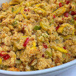 Easy old fashioned cornbread squash dressing recipe casserole in a baking dish