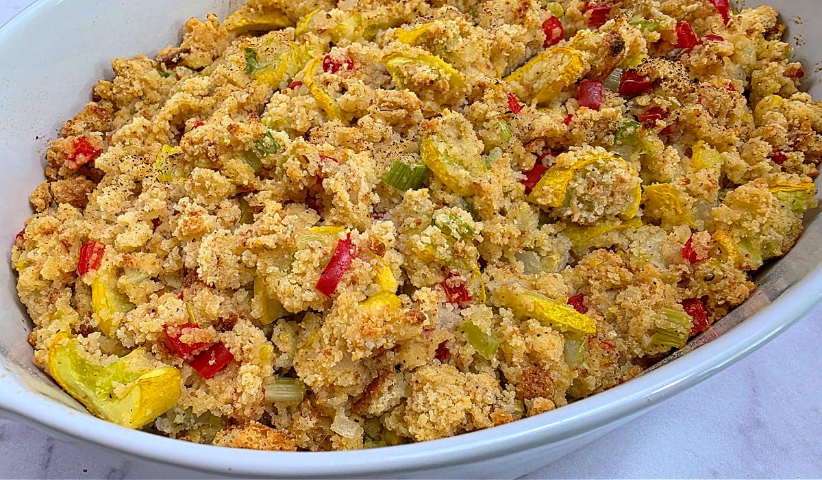 Easy old fashioned cornbread squash dressing recipe casserole in a baking dish