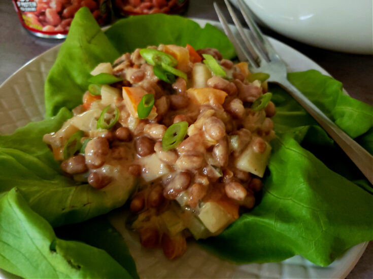 The best pork and bean salad recipe served on a bed of lettuce leaves