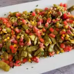 White platter with easy Southern style flat Italian green beans recipe