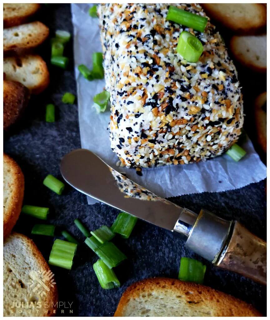 Everything seasoning Cheese Ball Appetizer recipe to serve with bagel chips and garnished with scallions