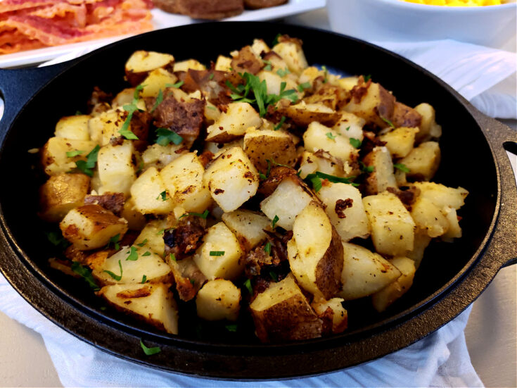 Hot skillet with easy skillet breakfast potatoes with Greek Seasoning