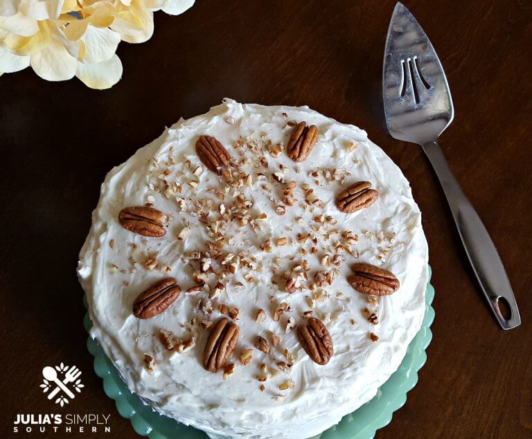 Hummingbird Cake on a green jade platter and silver server