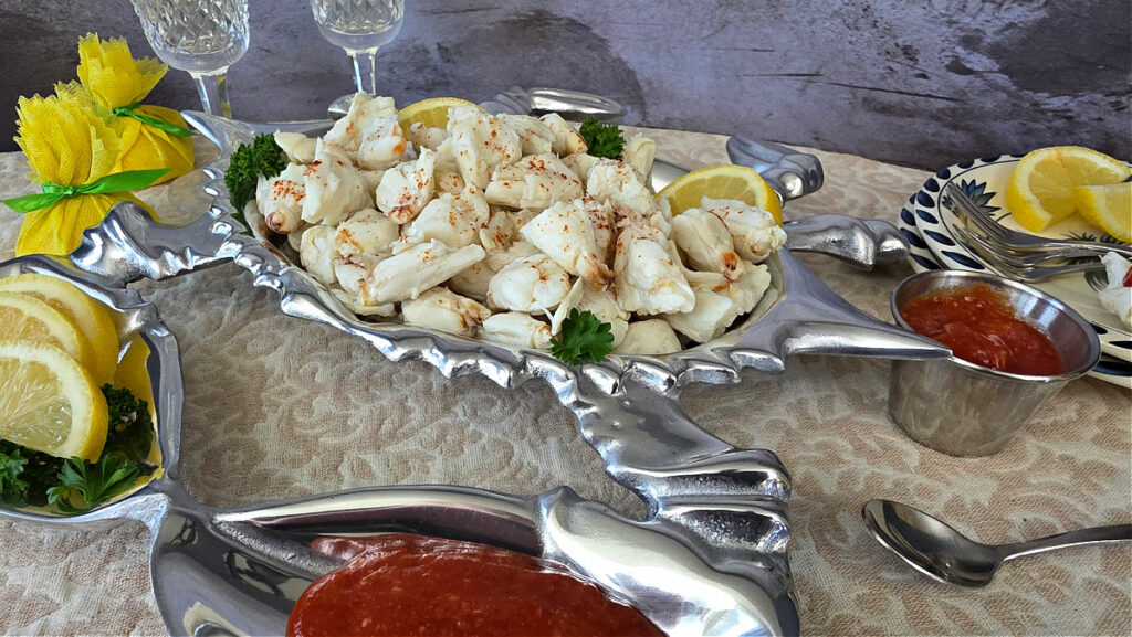 An easy Crab Cocktail that feels Fancy without the Fuss - cover image in silver crab serving dish